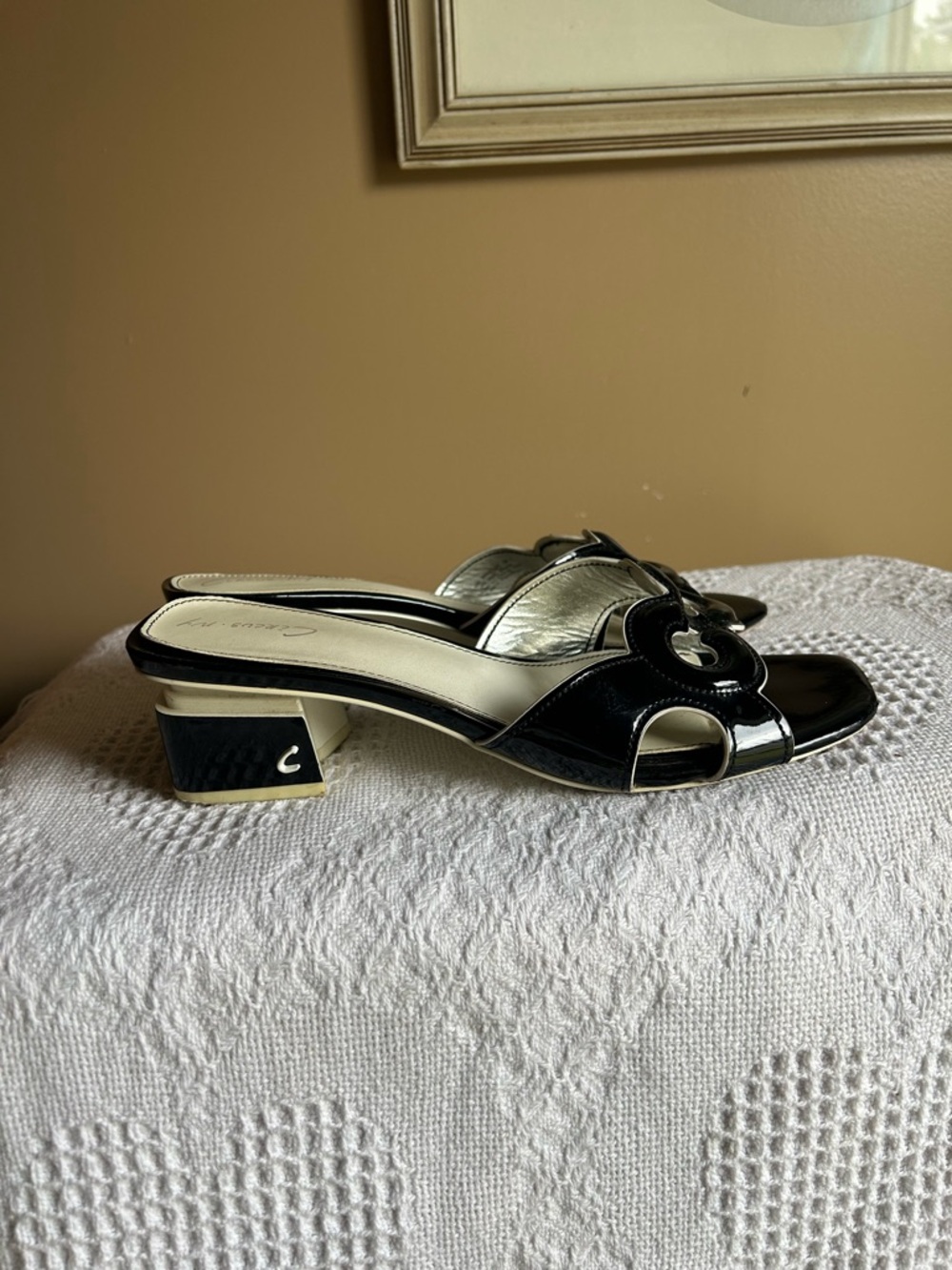 Black Patent Slide Mules with Ivory Accent Heel - Picture 6 of 11